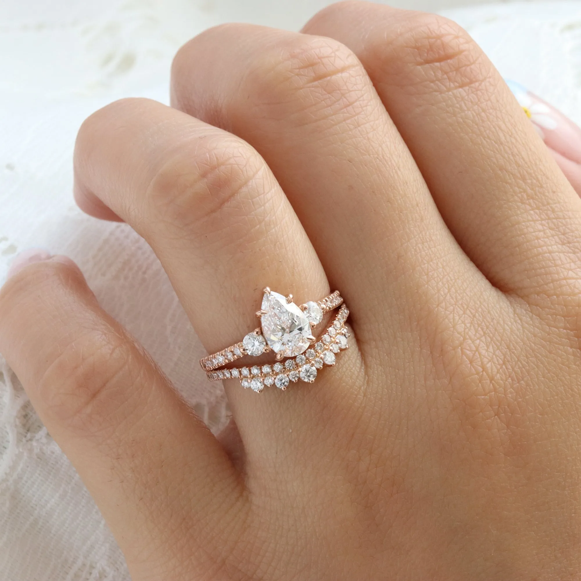 1.96 Ct. Pear Lab Diamond 3 Stone Ring Set w/ Crown Wedding Band in Forever Setting