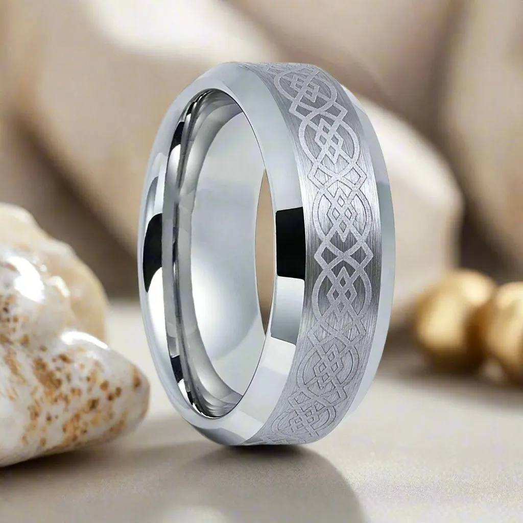AMIS | Silver Tungsten Ring, Laser Celtic Knot Design, Beveled