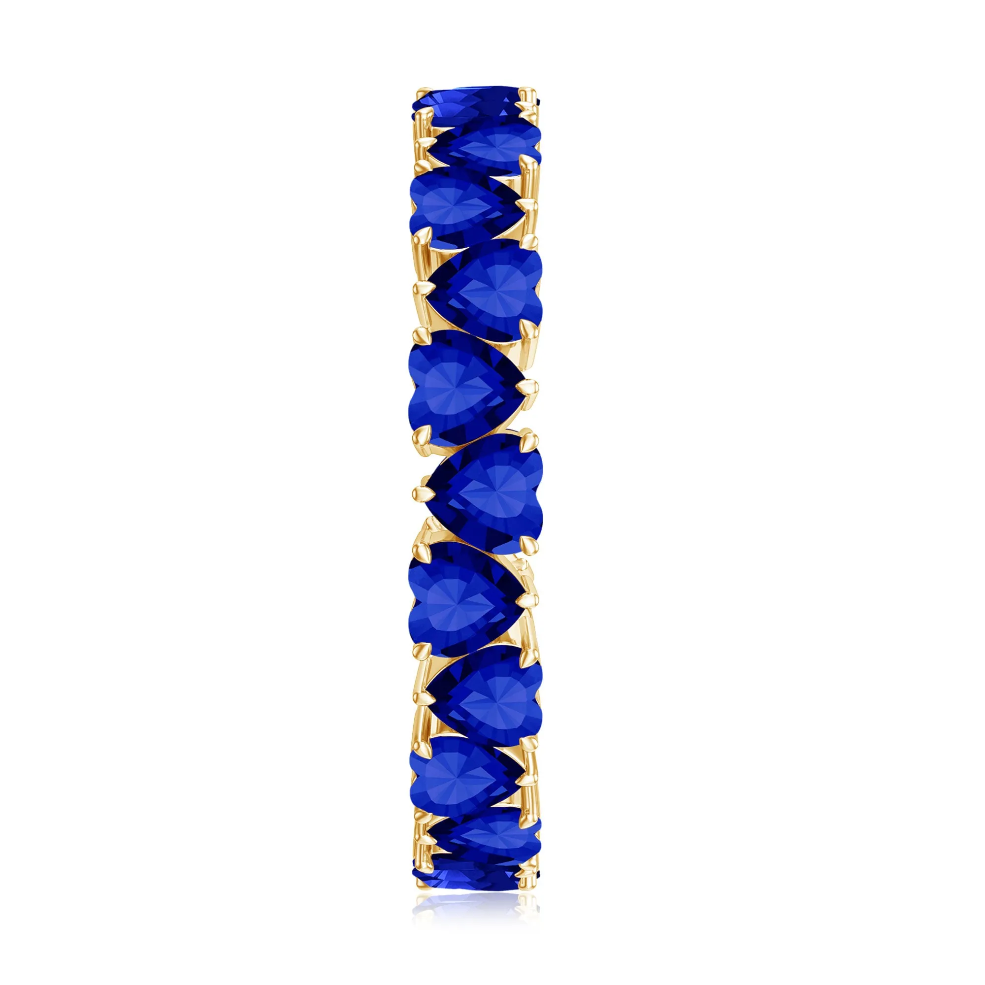 Claw Set Created Blue Sapphire Heart Eternity Band Ring in Gold