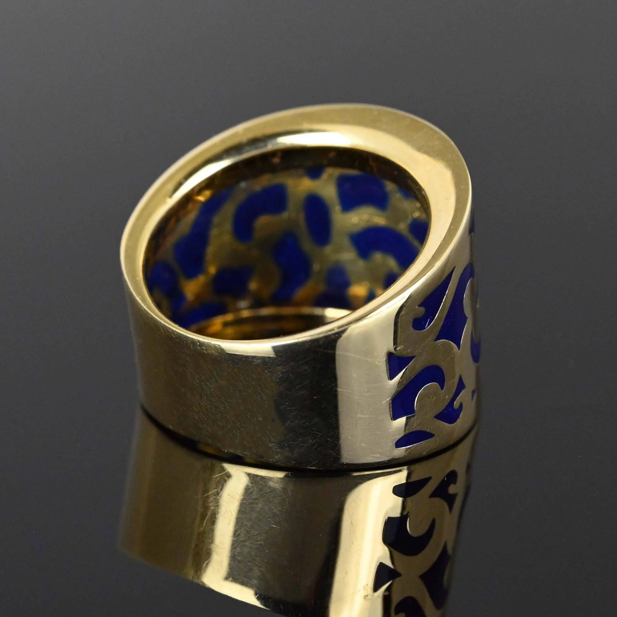 Fine Wide 14K Gold Plique a Jour Enamel Ring Band
