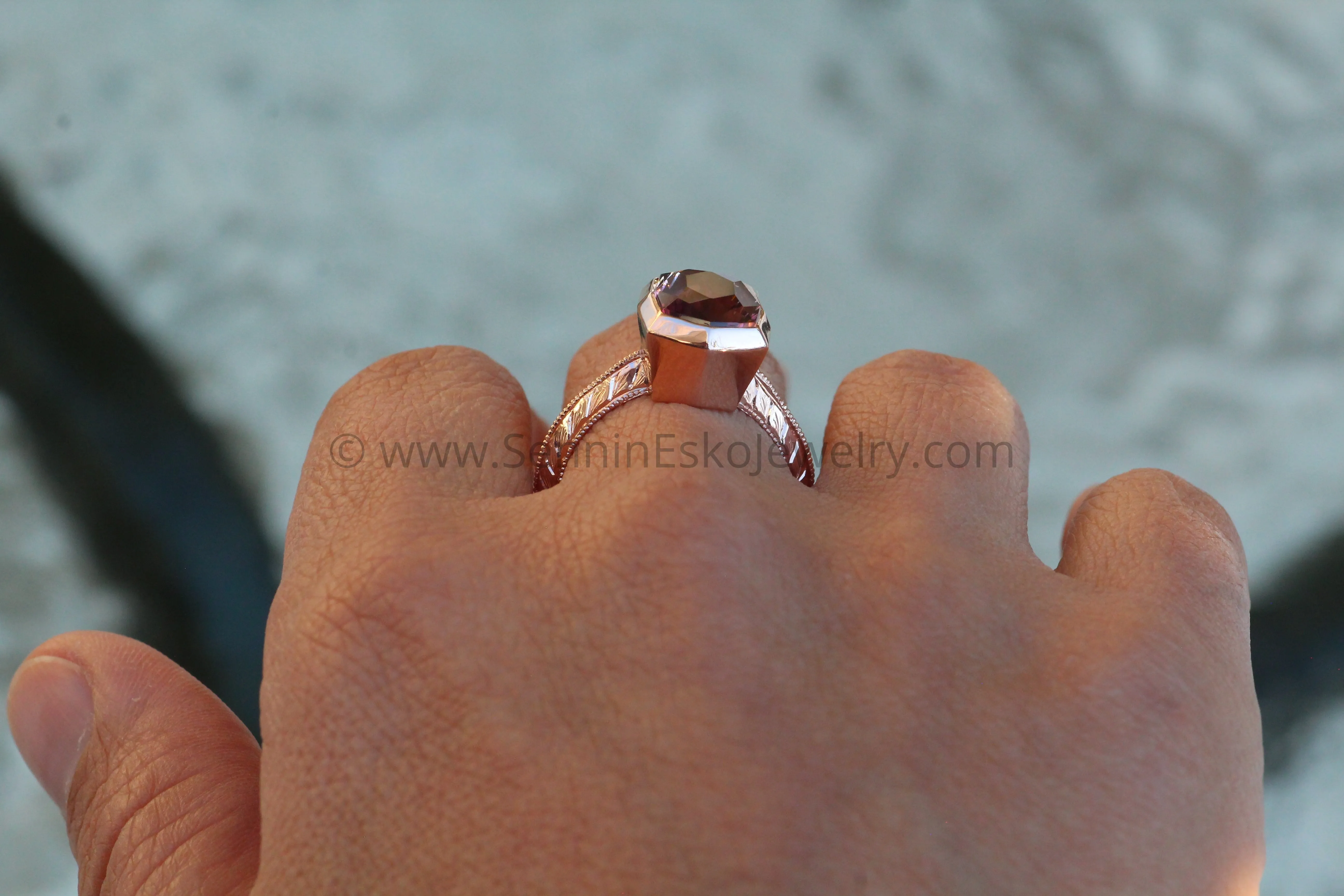 Medium/Heavy Weight Engraved Solitaire Bezel Ring Setting - Malkhan Tourmaline Depicted (Setting Only, Center Stone Sold Separately)