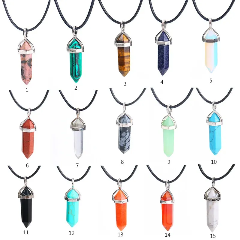 Natural Green Aventurine & Quartz Crystal Pendant Choker - Black Leather Hexagon Necklace