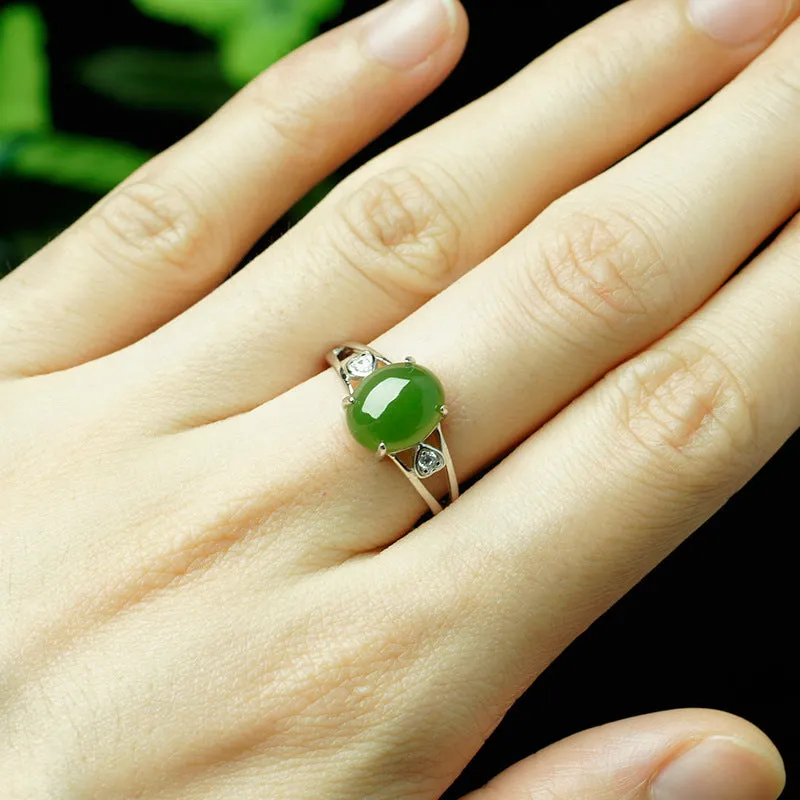 Natural Jade Ring Nephrite Silver Zircon Adjustable Ring ZNRG151