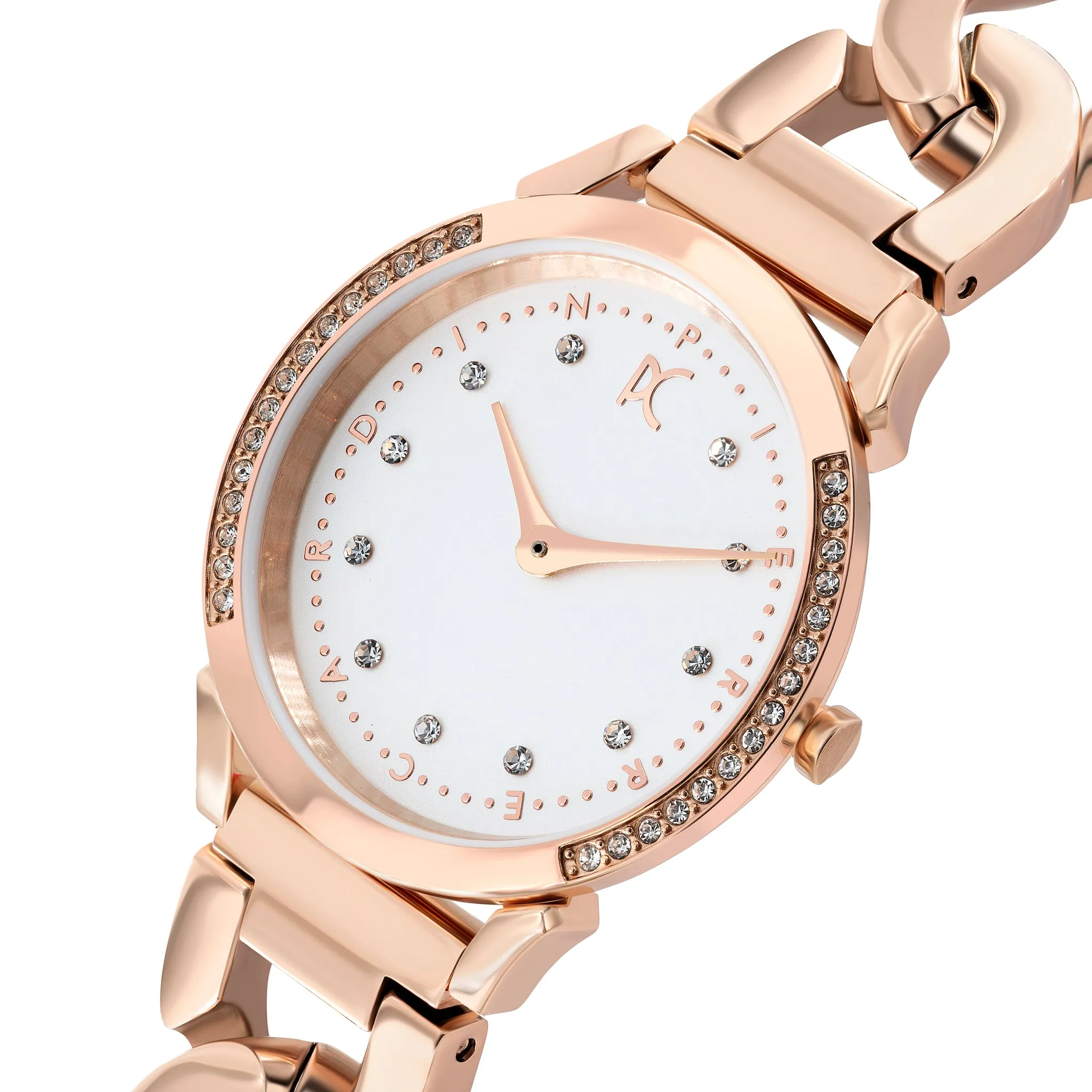 Pigalle Rose Gold Watch with Crystals and Metal Chain Link Strap