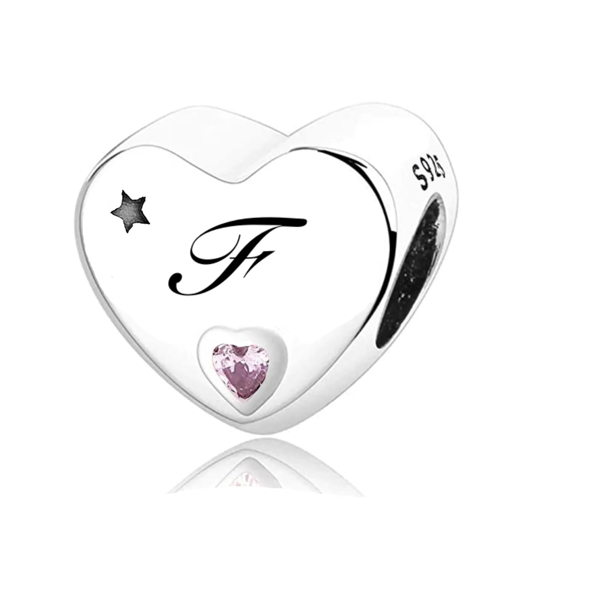 S925 Silver New Alphabet Initial Letter F Heart Charm For Bracelet and Necklace