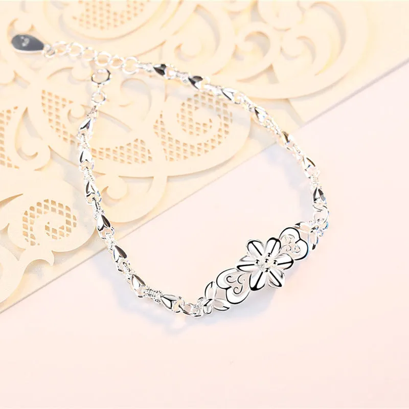 Sterling Silver with Butterfly Love Flower Pendant Bracelet
